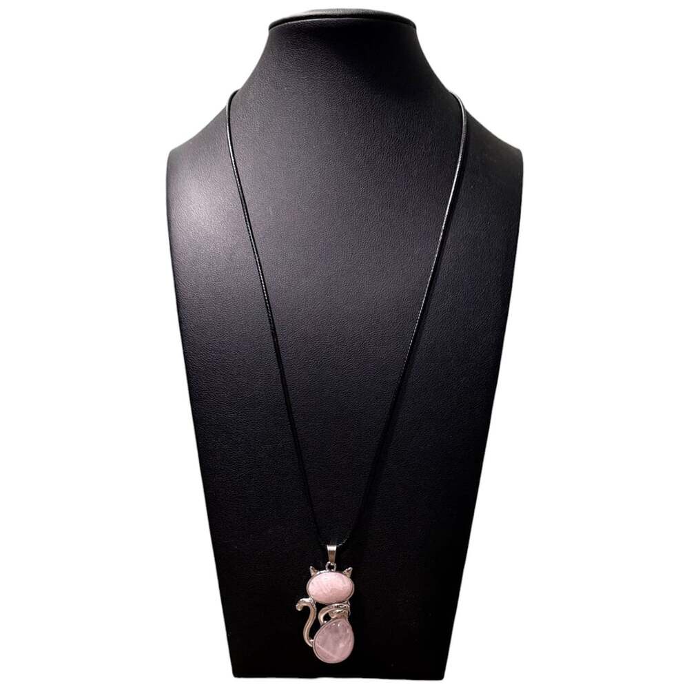 Rose Quartz Crystal Cat Pendant Black Cord Necklace - Picture 3 of 3